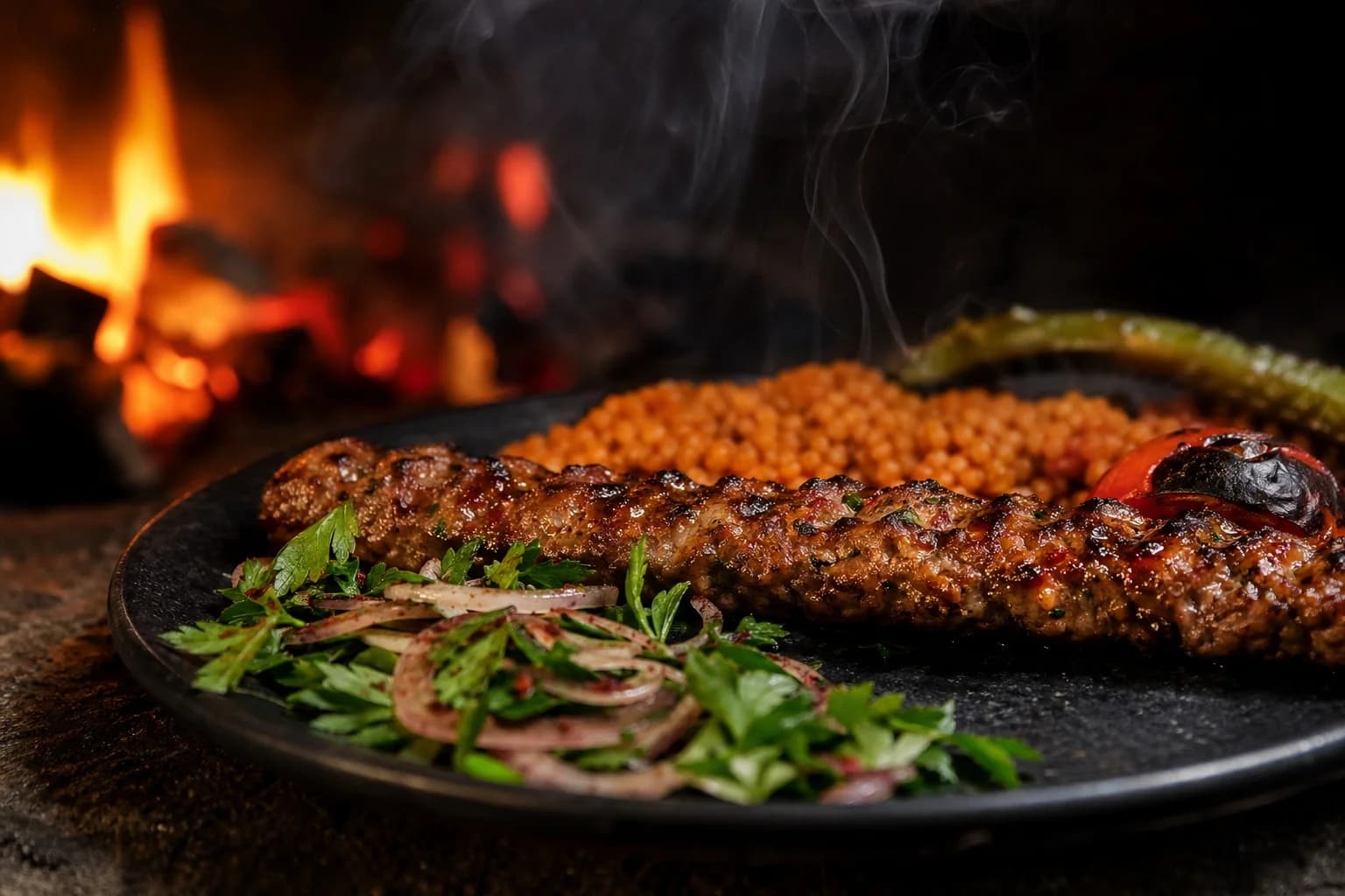 Adana kebap served with bulgur and parsley salad under warm firelight.