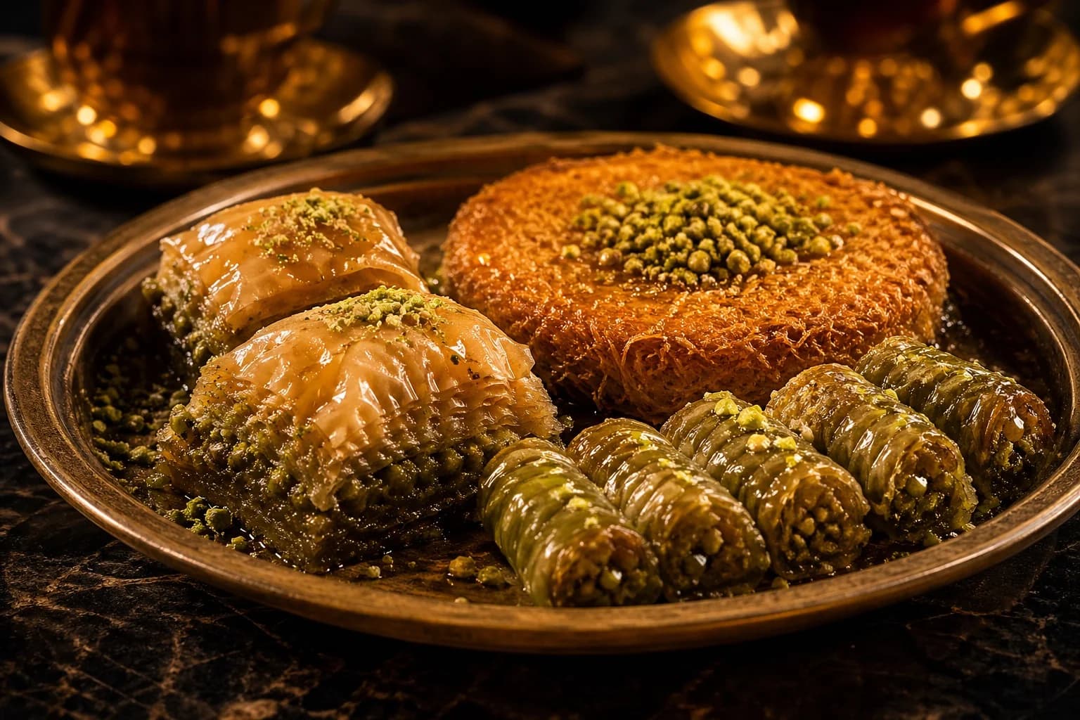 Turkish dessert plate with baklava, künefe, pistachio garnish, and syrup shine.