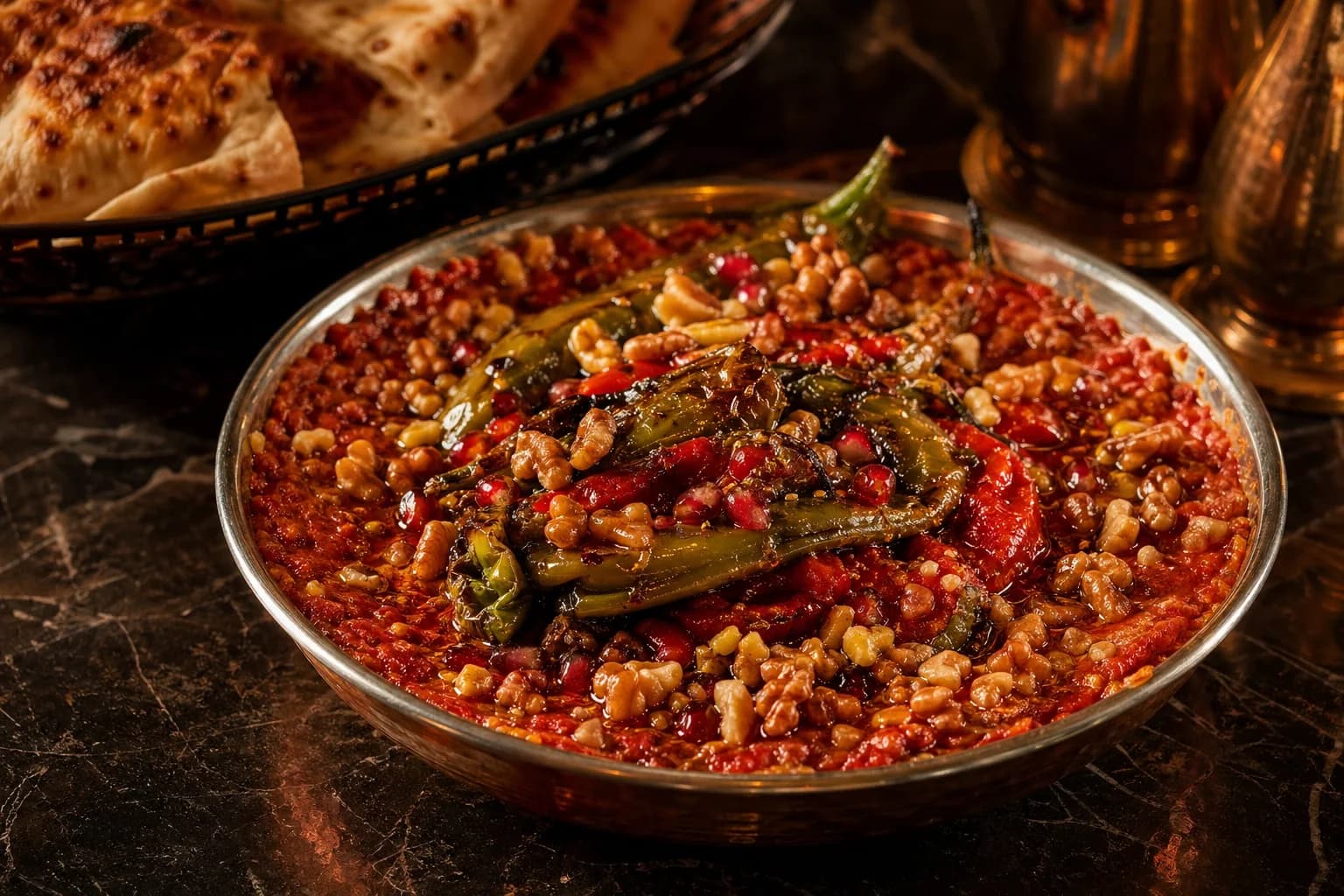 Bezirgani appetizer with grilled spicy peppers, pomegranate sauce, walnuts, garlic, and olive oil.