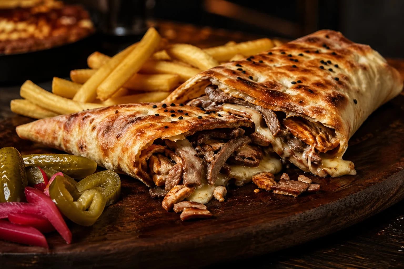 Dönerli pide with melted cheese, fries, and pickles on a dark board.