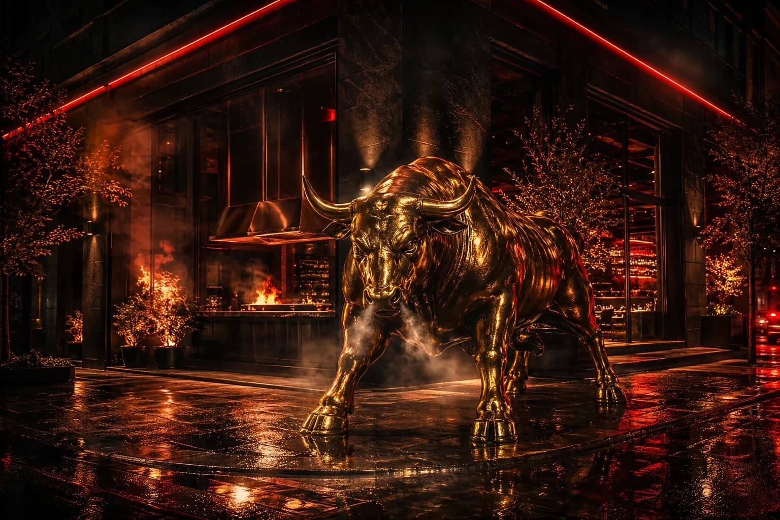 A polished golden bull in front of a dark Turkish grill restaurant at night.