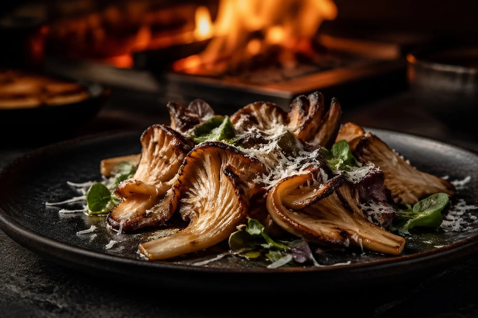 Grilled oyster mushrooms with seasonal greens and cheese on a dark ceramic plate.