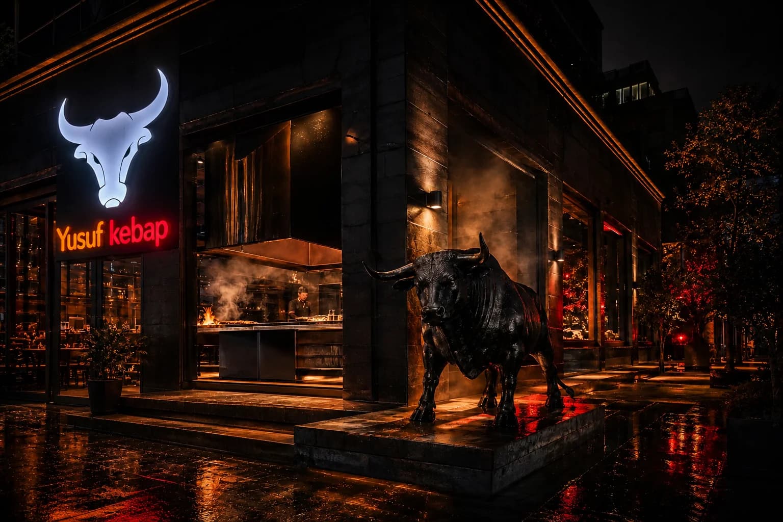 Cinematic night exterior of Yusuf Kebap with a bull statue and warm restaurant lights.