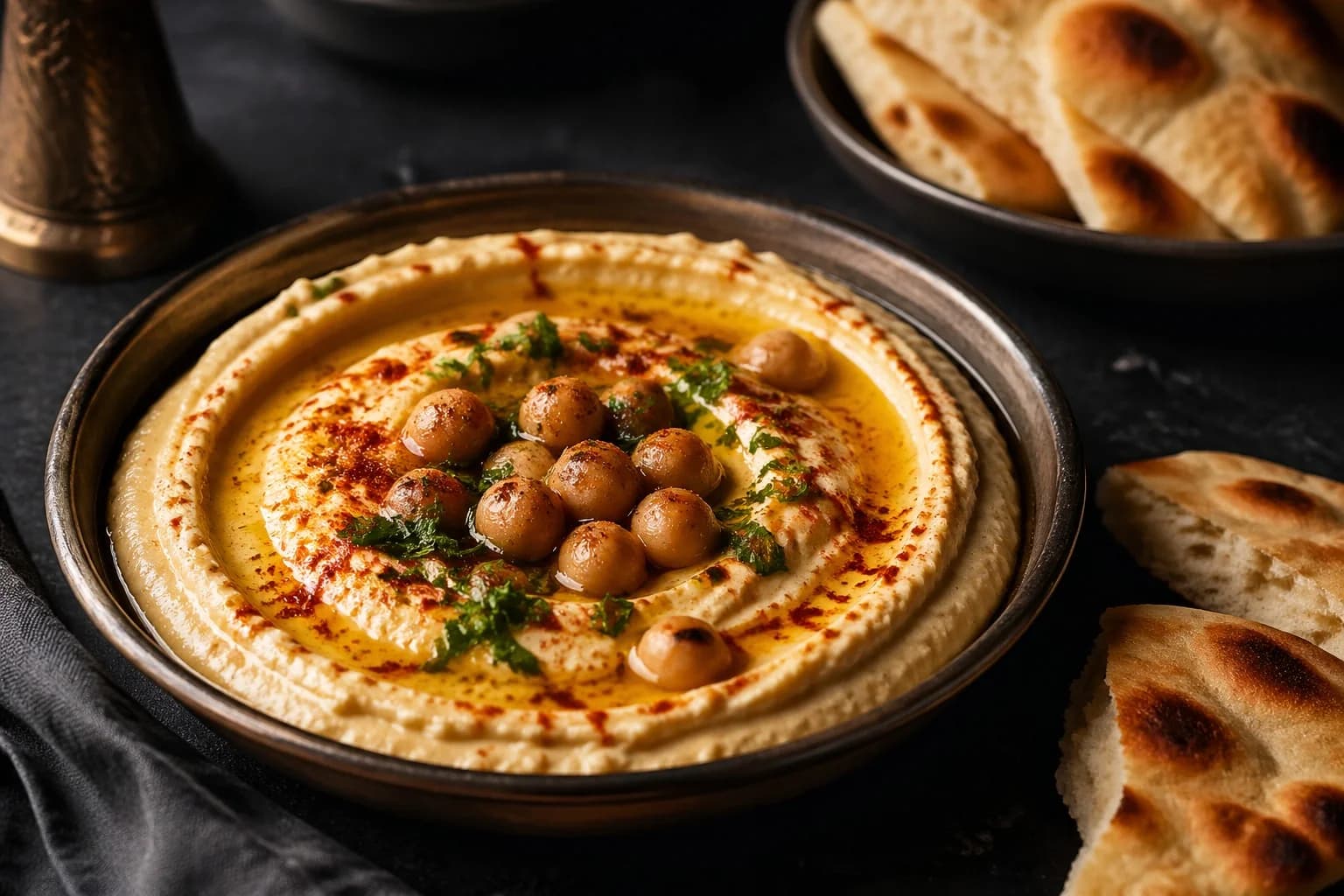 Creamy hummus with olive oil, chickpeas, parsley, and warm bread.