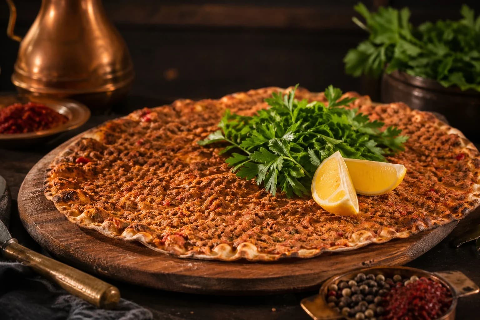Fresh Turkish lahmacun with parsley and lemon wedges.