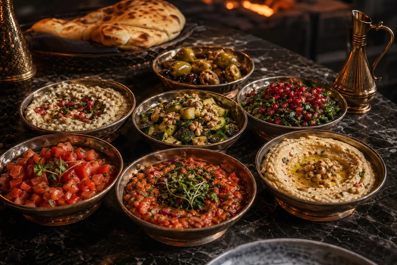 Premium Turkish meze spread in metal bowls with warm bread.