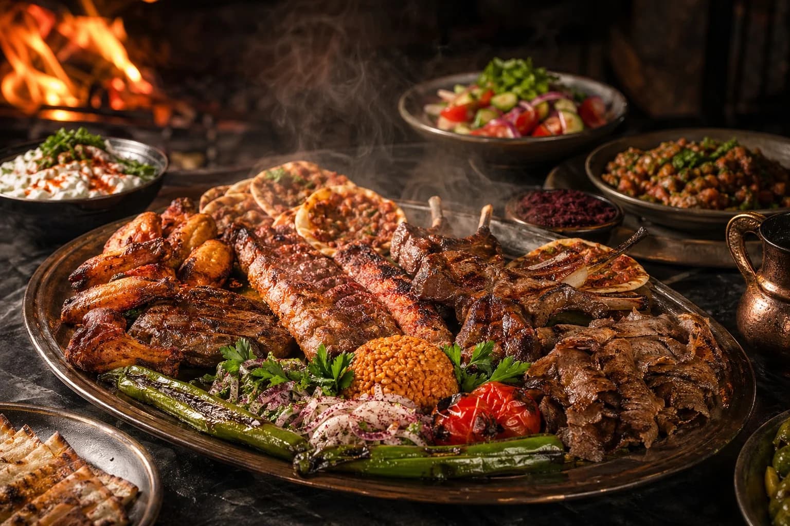A large Turkish mixed grill platter with meats, bulgur, salad, peppers, and mini lahmacun.