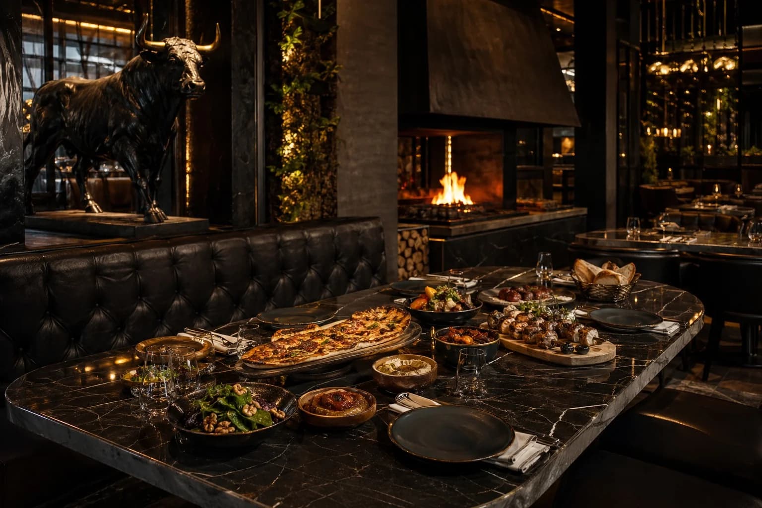 Premium Turkish grill restaurant interior with dark seating, marble tables, warm lights, and food on the table.