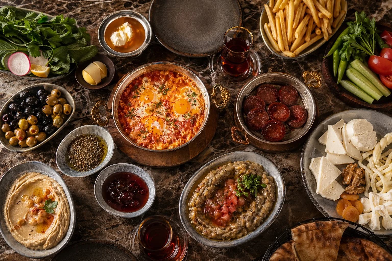 A generous Turkish breakfast spread with menemen, sujuk, cheeses, olives, vegetables, hummus, honey, and tea.
