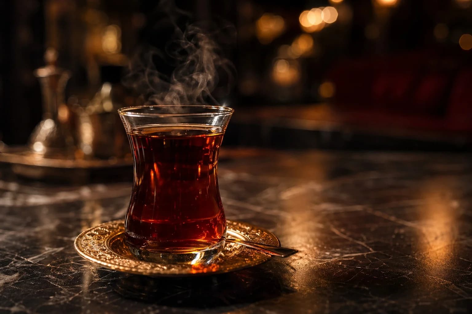 Traditional Turkish tea in a tulip glass with warm steam and golden reflections.