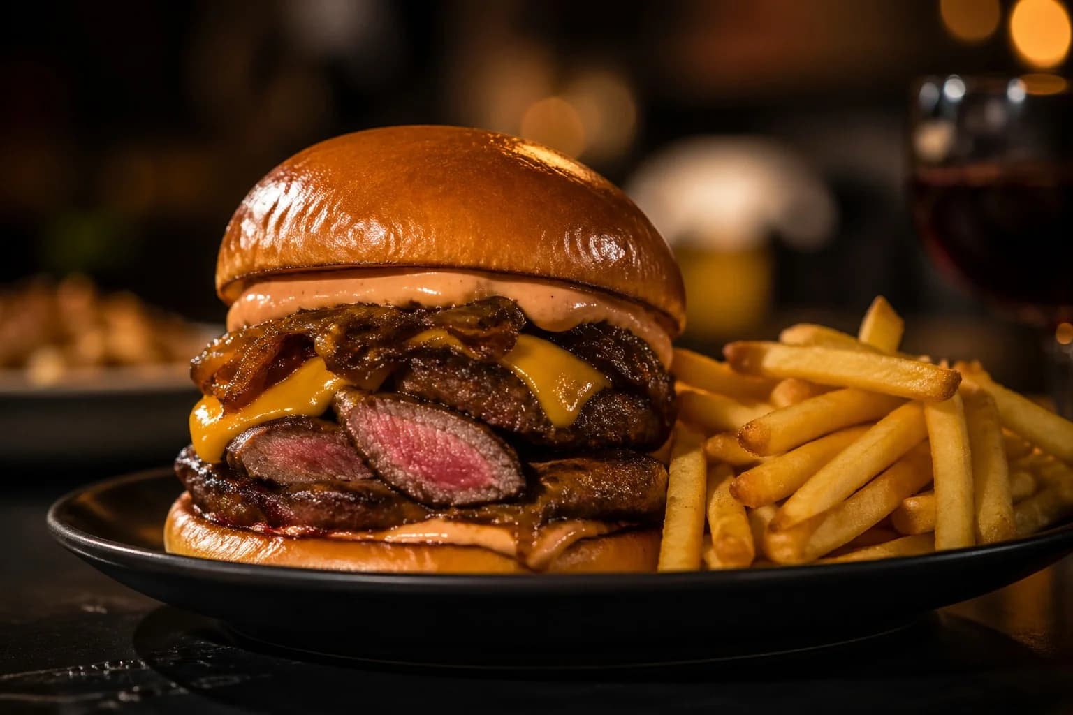 Premium Yusuf Burger with ribeye steak, cheddar, caramelized onion, sauce, and fries.